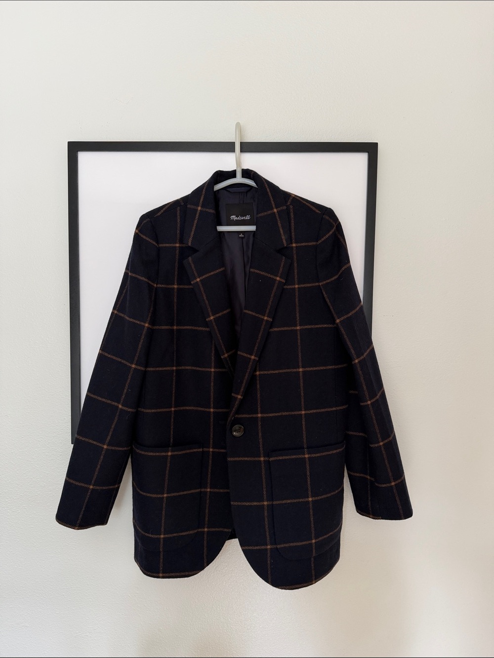 Madewell Navy Windowpane Pea Coat with Brown Grid